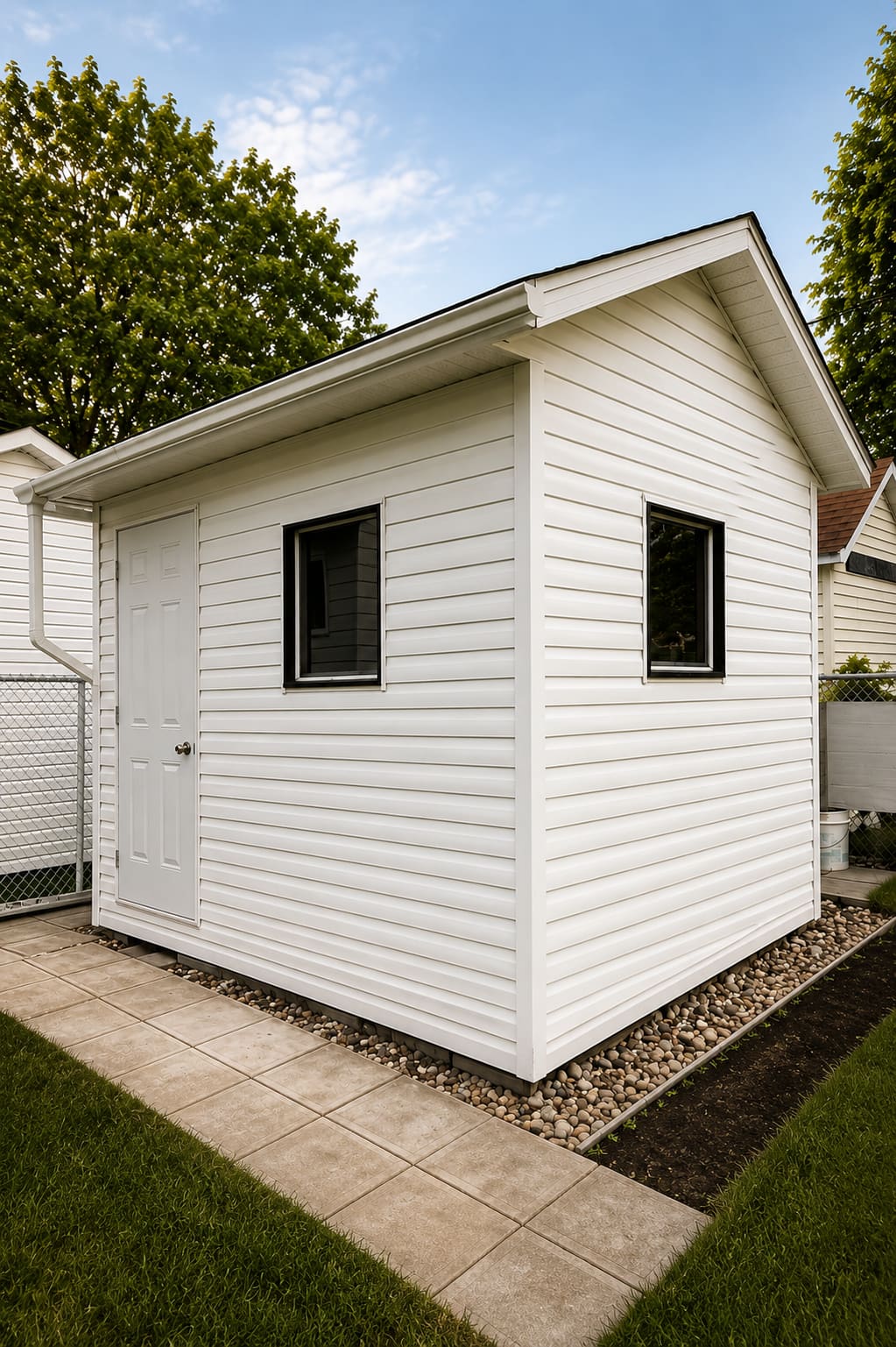 Cabanon au revêtement de vinyle blanc, vu de trois quarts
