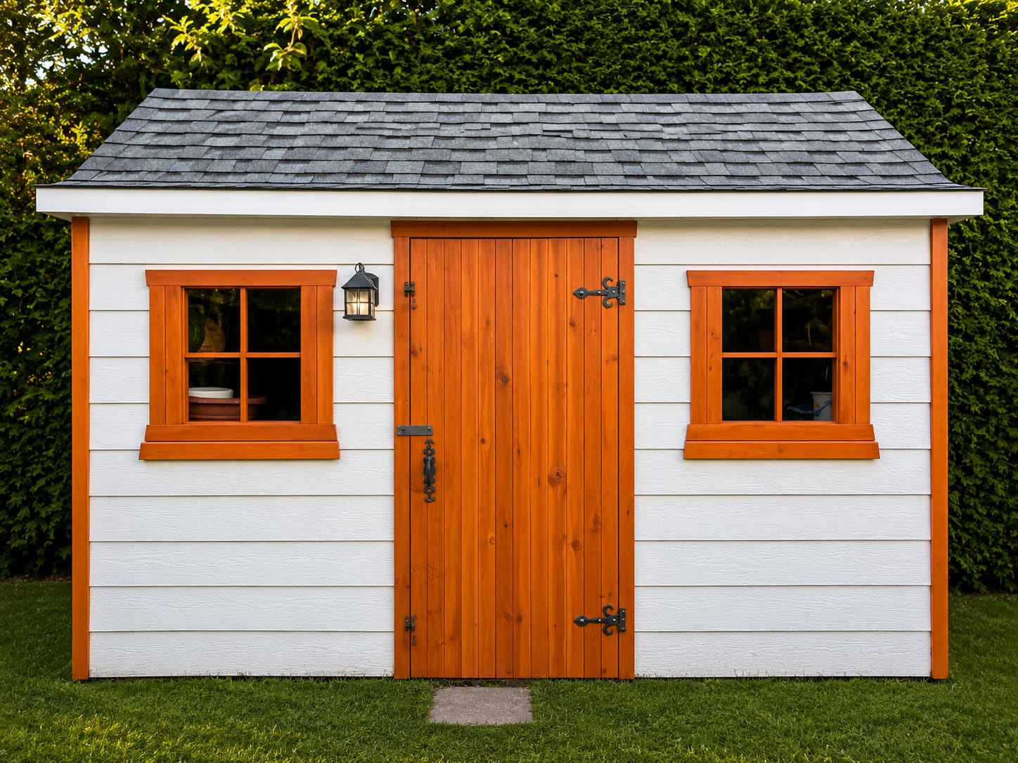 Cabanon remis à neuf, revêtement blanc, porte et encadrements orangés