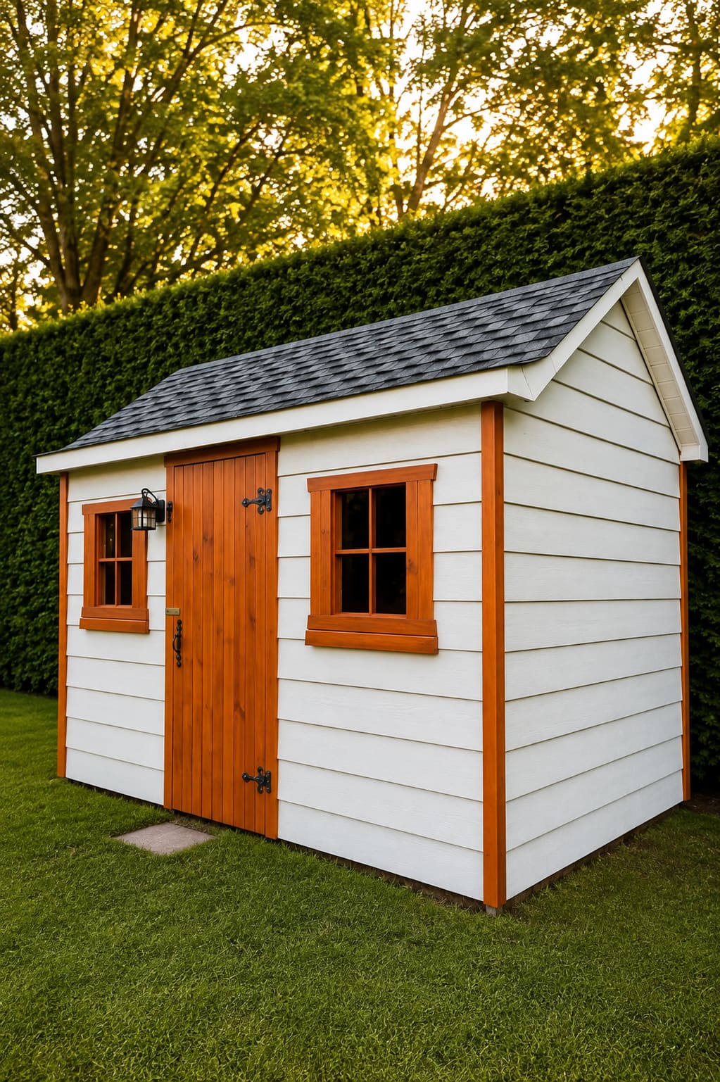 Cabanon blanc à porte et cadres de fenêtres orange, devant une haie