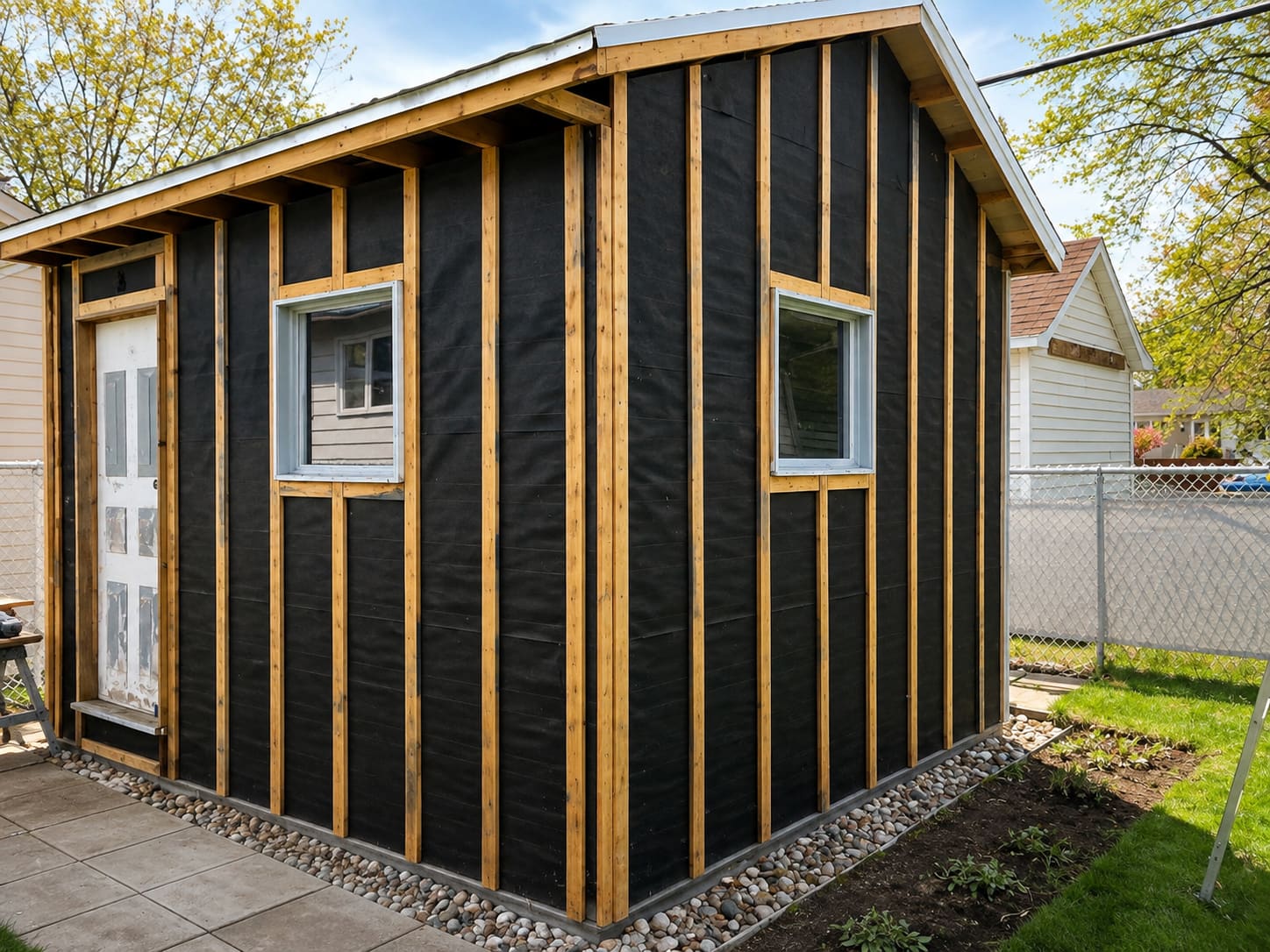 Cabanon en cours de revêtement, membrane noire et fourrures de bois