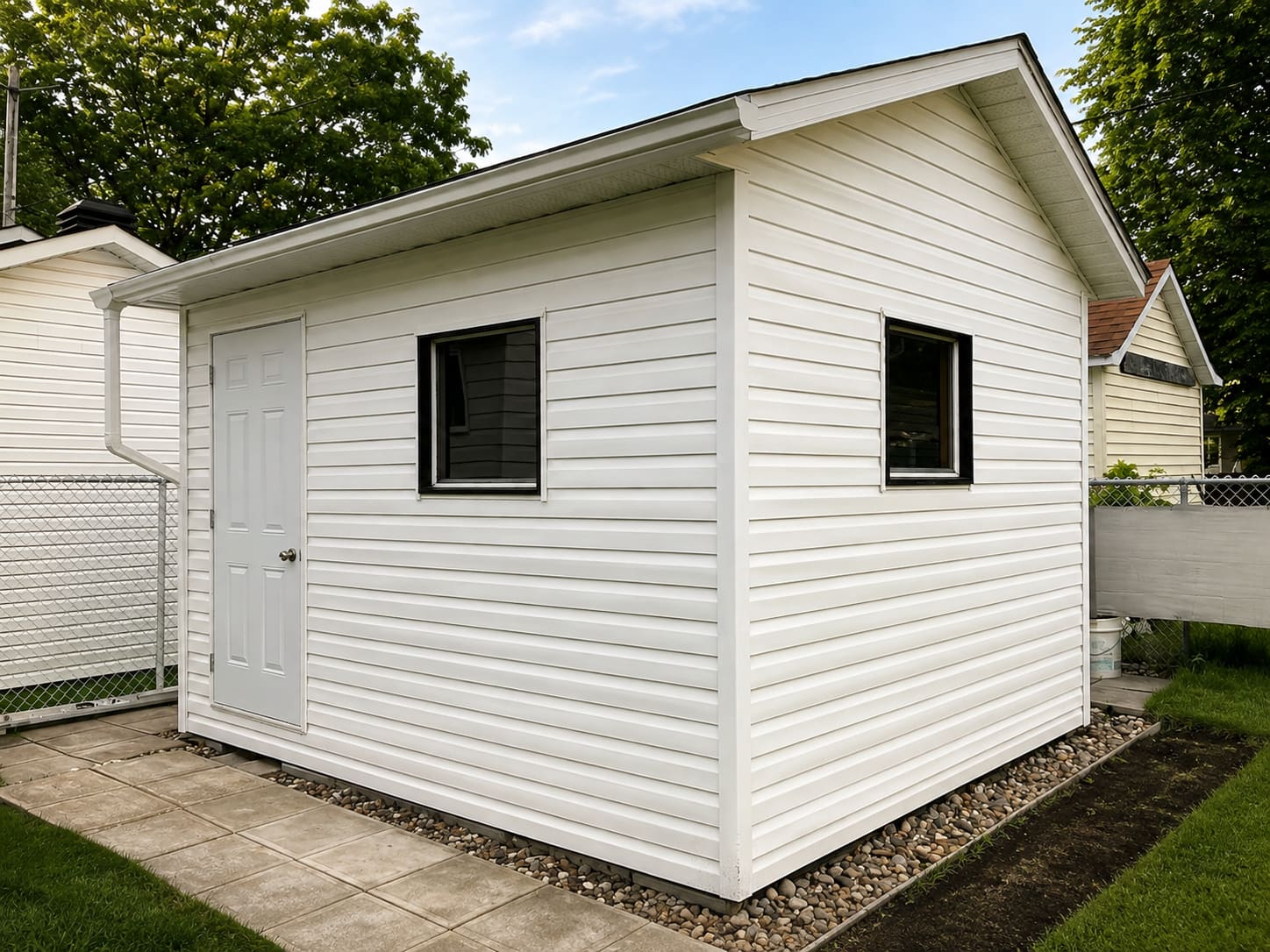 Cabanon revêtu de vinyle blanc, porte de service et fenêtre noire