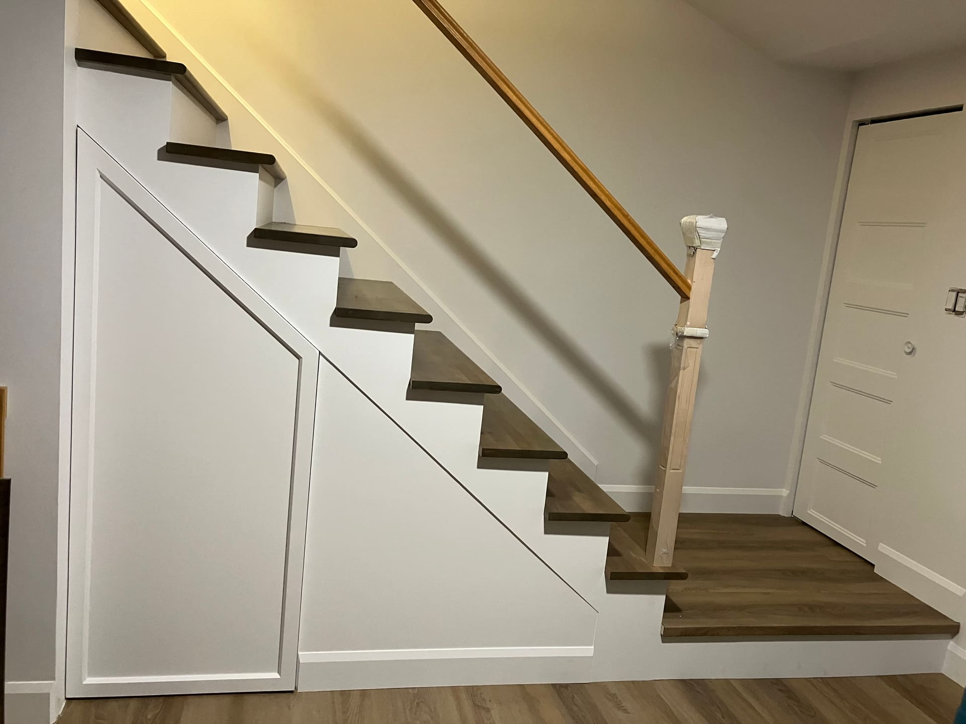 Escalier avec portes de rangement aménagées sous les marches