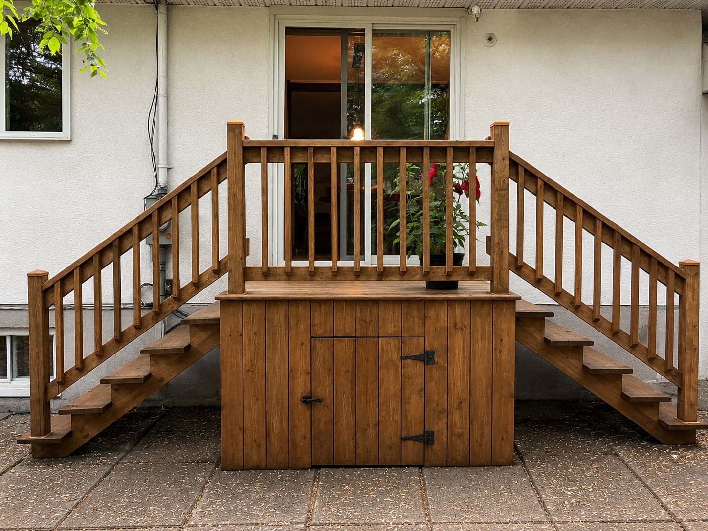 Galerie et escalier de bois fraîchement teints, avec un coffre de rangement dessous