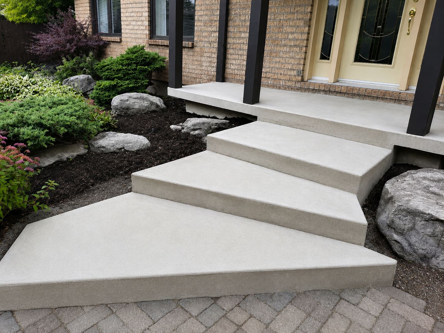 Marches de béton coulé finies, devant une entrée aménagée