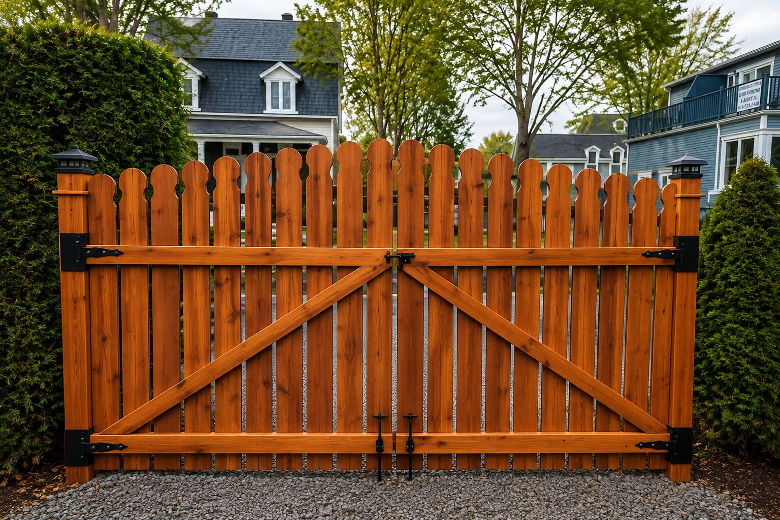 Portail double et clôture de bois teints, dans une cour arrière