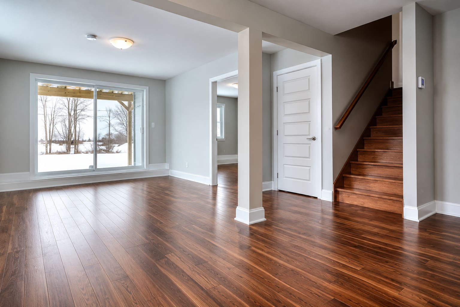 Sous-sol refait à neuf, plancher posé, escalier de bois