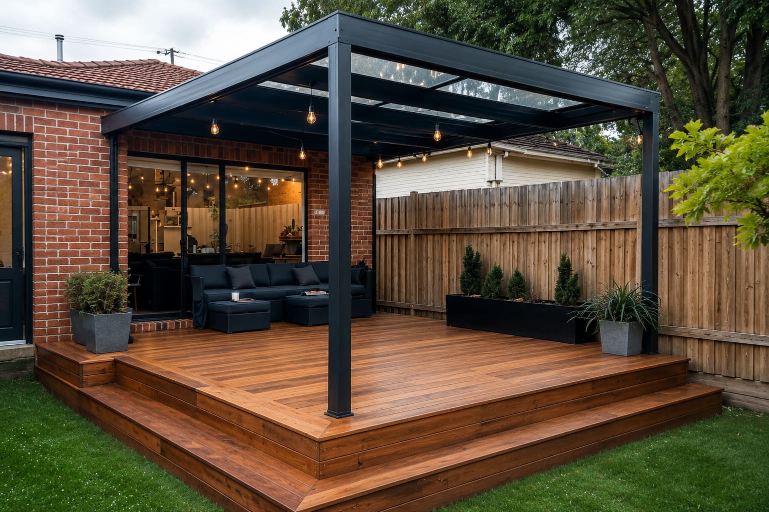 Terrasse de bois sous une pergola d’aluminium noire, cour clôturée