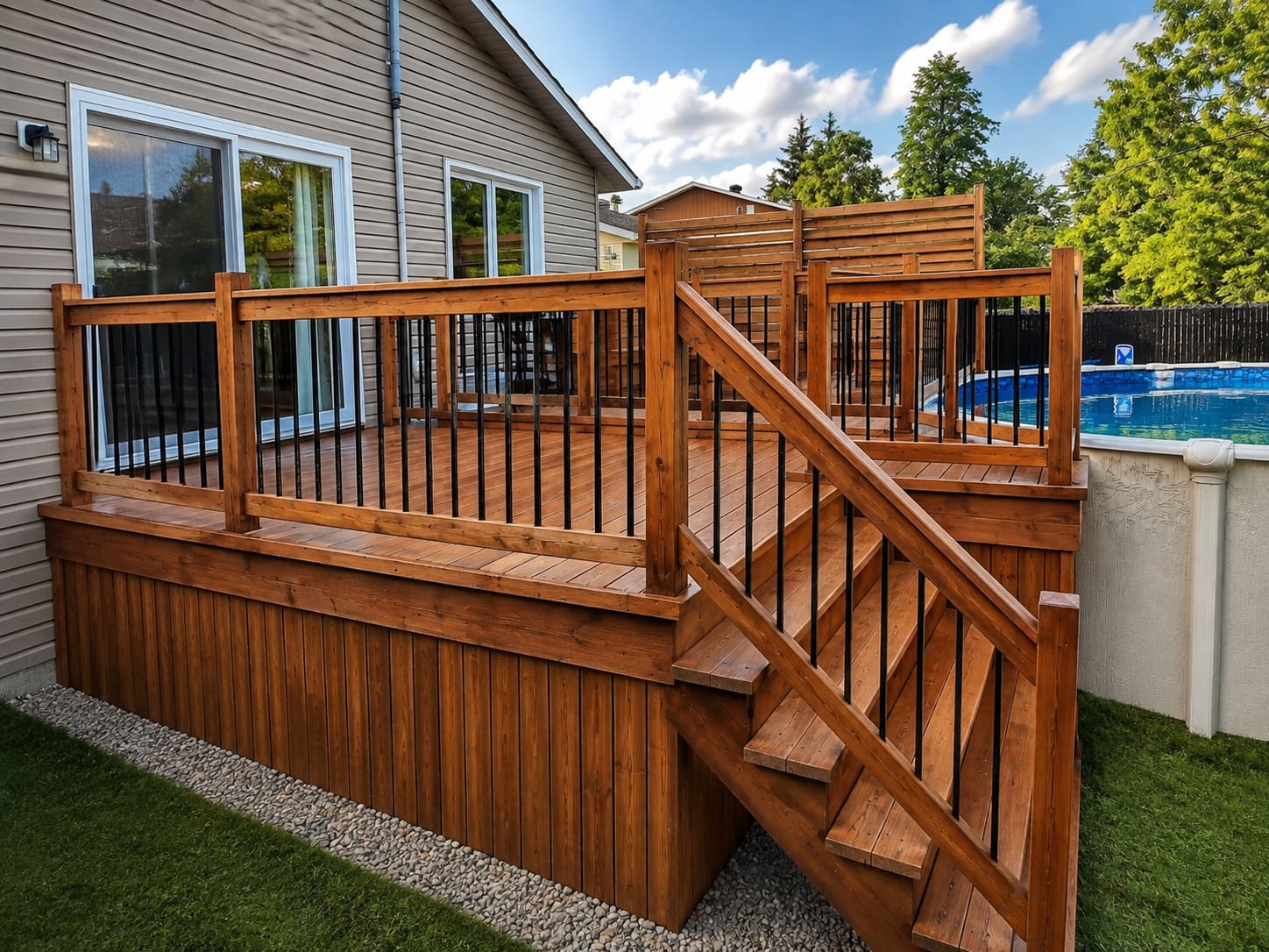 Terrasse de bois avec rampe à barreaux noirs et escalier descendant vers la cour